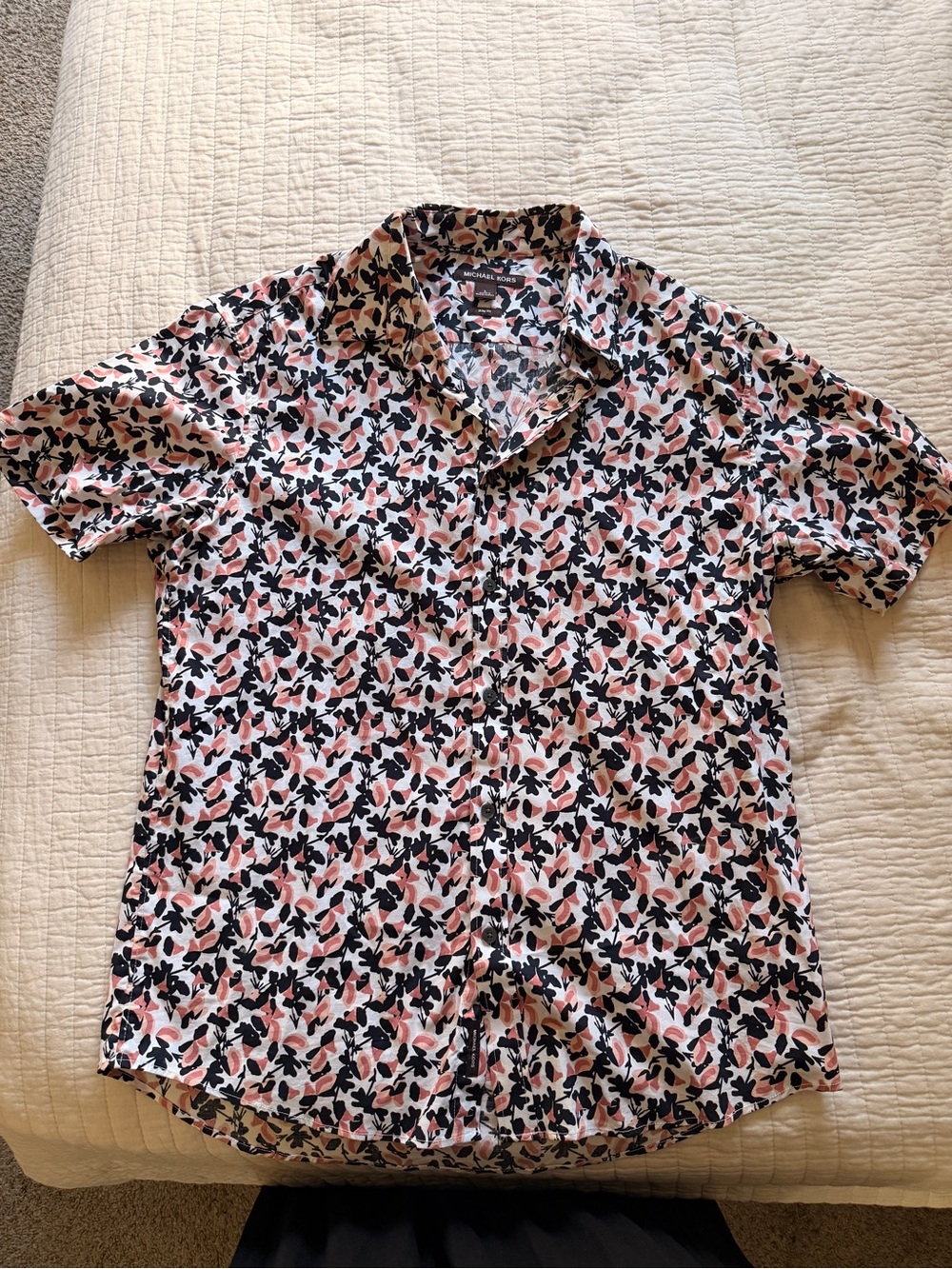 Michael Kors Short Sleeve Floral Button-Up Shirt - Pink & Black